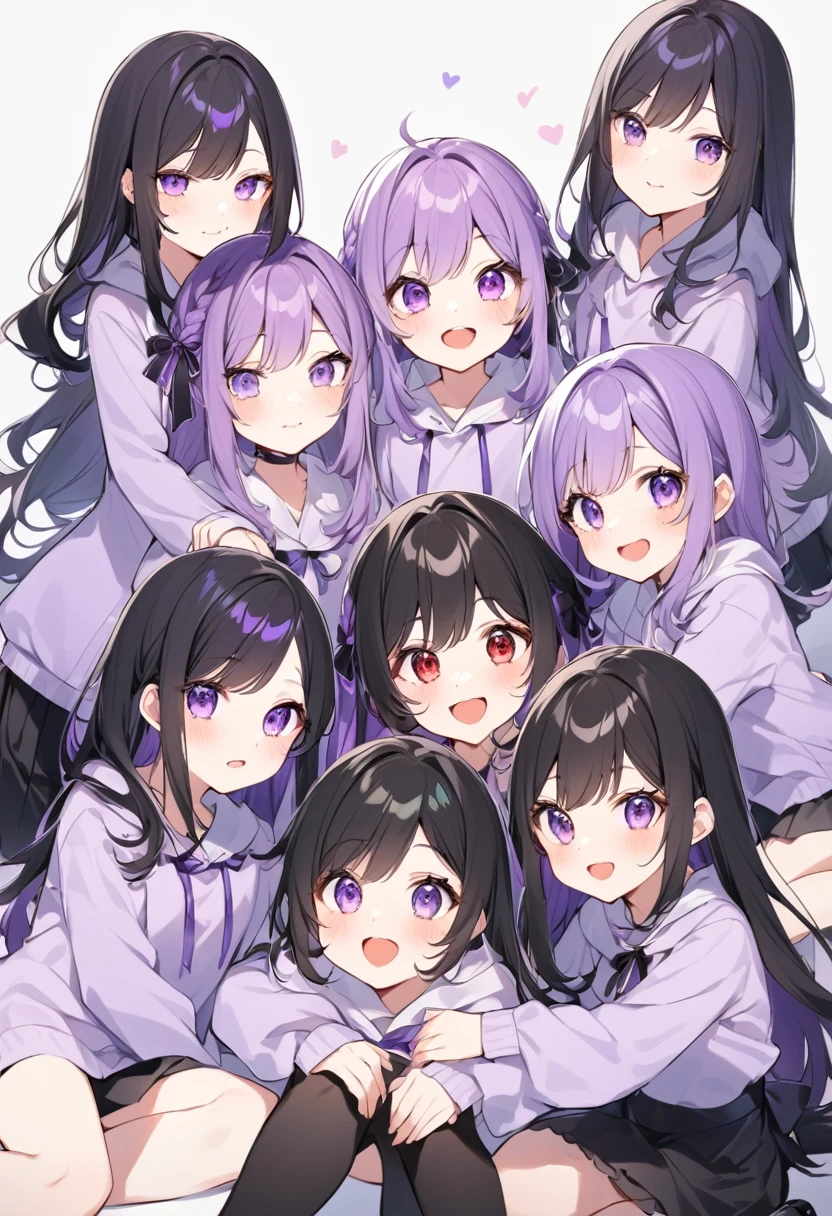 Keito。Purple hoodie。Black Skirt。Purple Eyes。Black Hair。Black shoes下。Black shoes。6 people姉妹。My eldest daughter has lavender hair.。all female。Sextuplets。6 people