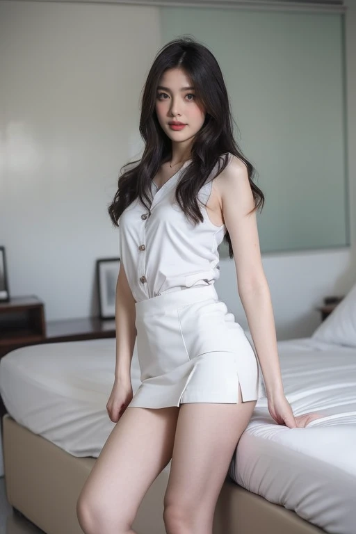Top quality, RAW Photo, Highest Quality Image, 16K, Full body, Age 18 years old, Realistic, Photorealistic,  Beautiful Asian girls, Sexy, Perfect slender body, White pale skin, Beautiful hair, Wavy hair, Blue Hair,, Short hairstyle, Detailed face, Detailed body, Detailed skin, Double eyelids, Big eyes, long eyelashes, bright eyes, green eyes, natural lips, detailed lips, slender legs, thin waist , small hip, Round shape breasts, Beautiful breasts, Big Breasts, flat chested, Perfect breasts,  small thighs, posing in modern style white room, pink tone light , soft light , light wind, wearing white Thai student uniform, wearing black skirt 
