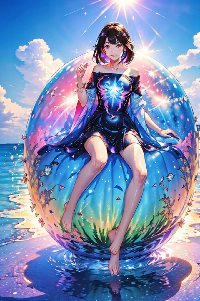 (Highest quality), (8K), (Highest quality), (live-action), (Realistic photos), summer、summerを感じる物、summerを感じる風景, watermelon、blue sky, Rainbow and sunshine shining.16K, Ultra-high resolution, Shining in rainbow colors、to be born,wonderful ,future、Iridescent、The world 30 years from now。