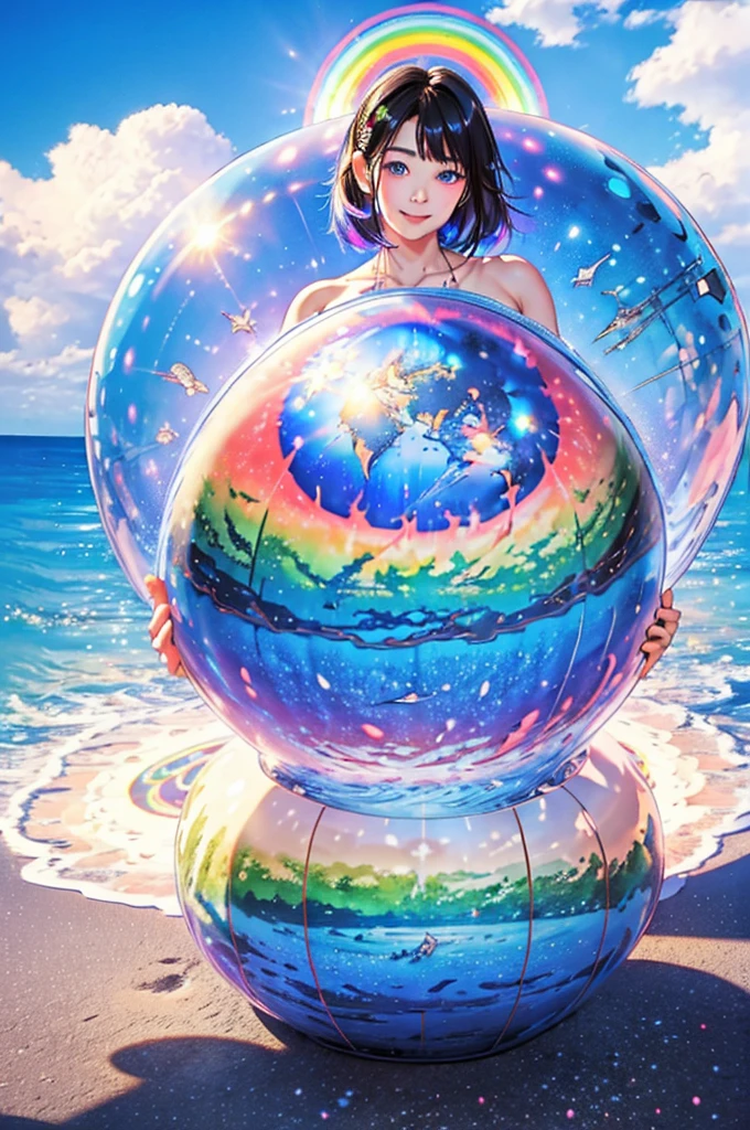 (Highest quality), (8K), (Highest quality), (live-action), (Realistic photos), summer、summerを感じる物、summerを感じる風景, watermelon、blue sky, Rainbow and sunshine shining.16K, Ultra-high resolution, Shining in rainbow colors、to be born,wonderful ,future、Iridescent、The world 30 years from now。