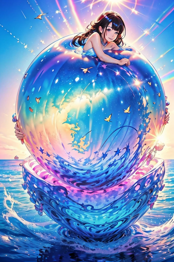 (Highest quality), (8K), (Highest quality), (live-action), (Realistic photos), summer、summerを感じる物、summerを感じる風景, watermelon、blue sky, Rainbow and sunshine shining.16K, Ultra-high resolution, Shining in rainbow colors、to be born,wonderful ,future、Iridescent、The world 30 years from now。