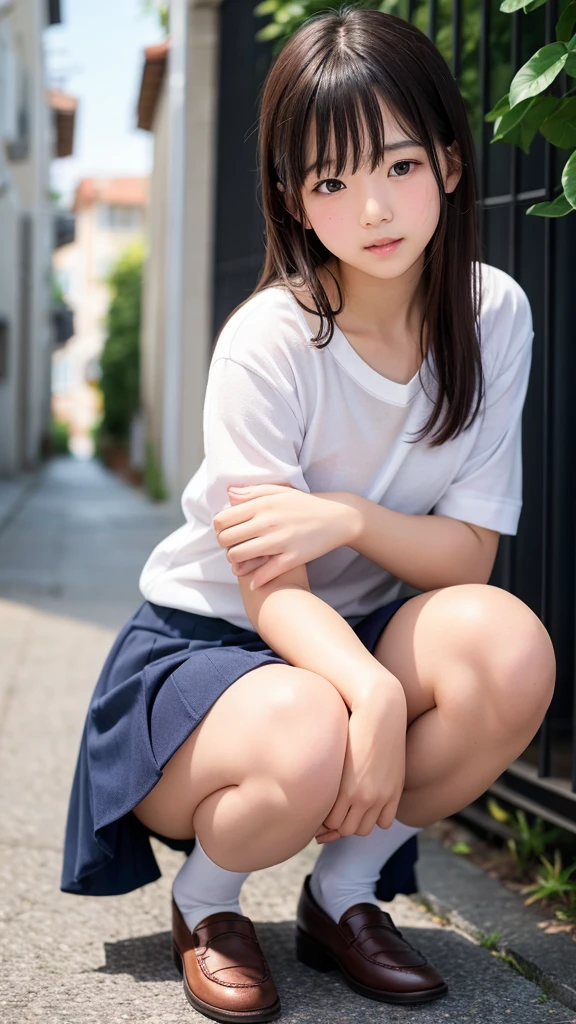 girl、High school girl naked from the waist down、High school girl uniform on the upper body, Squat、sit、Dear Viewers,、(、Baby Face、Ur.4、Pee)、(Shy expression:1.2、blush:0.8)、((Beautiful crotch, Exposed female genitalia:1.3))、alley, (Beautiful breasts, Small beautiful butt, (Detailed eyes and face:1.3, Professional photography techniques), (Highest quality, 8K, masterpiece:1.2, RAW Photos), (Detailed legs, Thin thighs), (Detailed feet, loafers), (Detailed hands, Beautiful little hands of a girl:1.3)