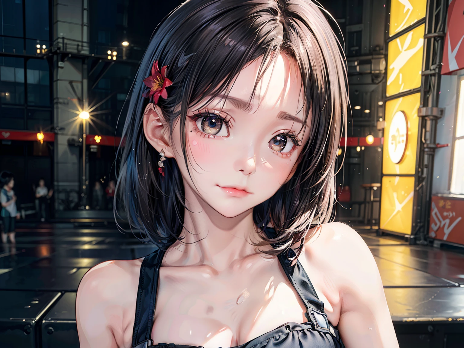((Best of the highest quality, 8k, Masterpiece, raw photo: 1.1)), (Sharp focus: 1.1), (1 AESPA, slim body type female, 22 y/o: 1.1), solo, Portrait Waist Up, (realistic, photo-realistic:1.37), face focus, cute face, finely eyes, (forehead, short hair, sad face: 1.28), (sharp chin, droopy eyes: 1.32), (Emphasize prominent aegyo-sal with bright: 1.28), shimmering eyeshadow applied under the lower lash line, paired with thick, (small breasts, flat chest: 1.2), alternative outfit, tube top, walking on stage, microphone, flower,