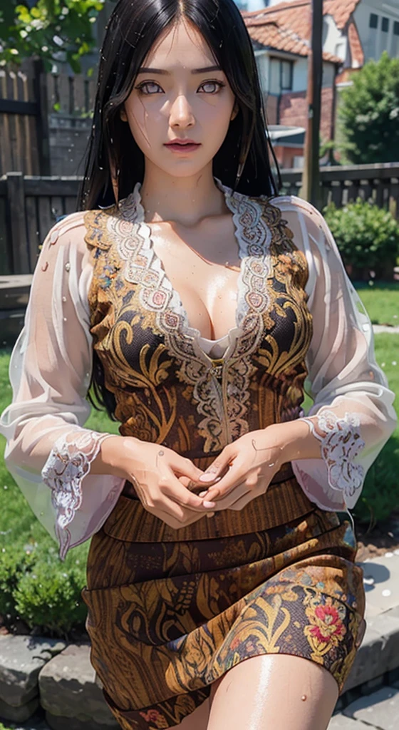 1 Indonesian-Dutch girl, 25 years old, long fashion hair, fit body, small cleavage, skintight black lace kebaya, batik skirt, highly detailed, ultra hd, 8k, detailed face, bright eyes, perfect eyes, detailed lips, sexy lips, perfect hands, dynamic angle, cowboy shot, (hyperrealistic), (illustration), (high resolution), (8K), (extremely detailed), (best illustration), (beautiful detailed eyes), (best quality), (ultra-detailed), (masterpiece), (photorealistic), (natural light), (detailed face), (high detailed realistic skin texture), (anatomically correct), (solo), (high detailed realistic hair), (caramel hair), (heterochromic eyes), (detailed eyes), (brown eyes), (realistic big breasts), (slender abs), (dynamic pose), (closed tiny mouth), (concentrated expression), (dimple), (a girl playing in the garden), (wet clothes), (transparent clothes)