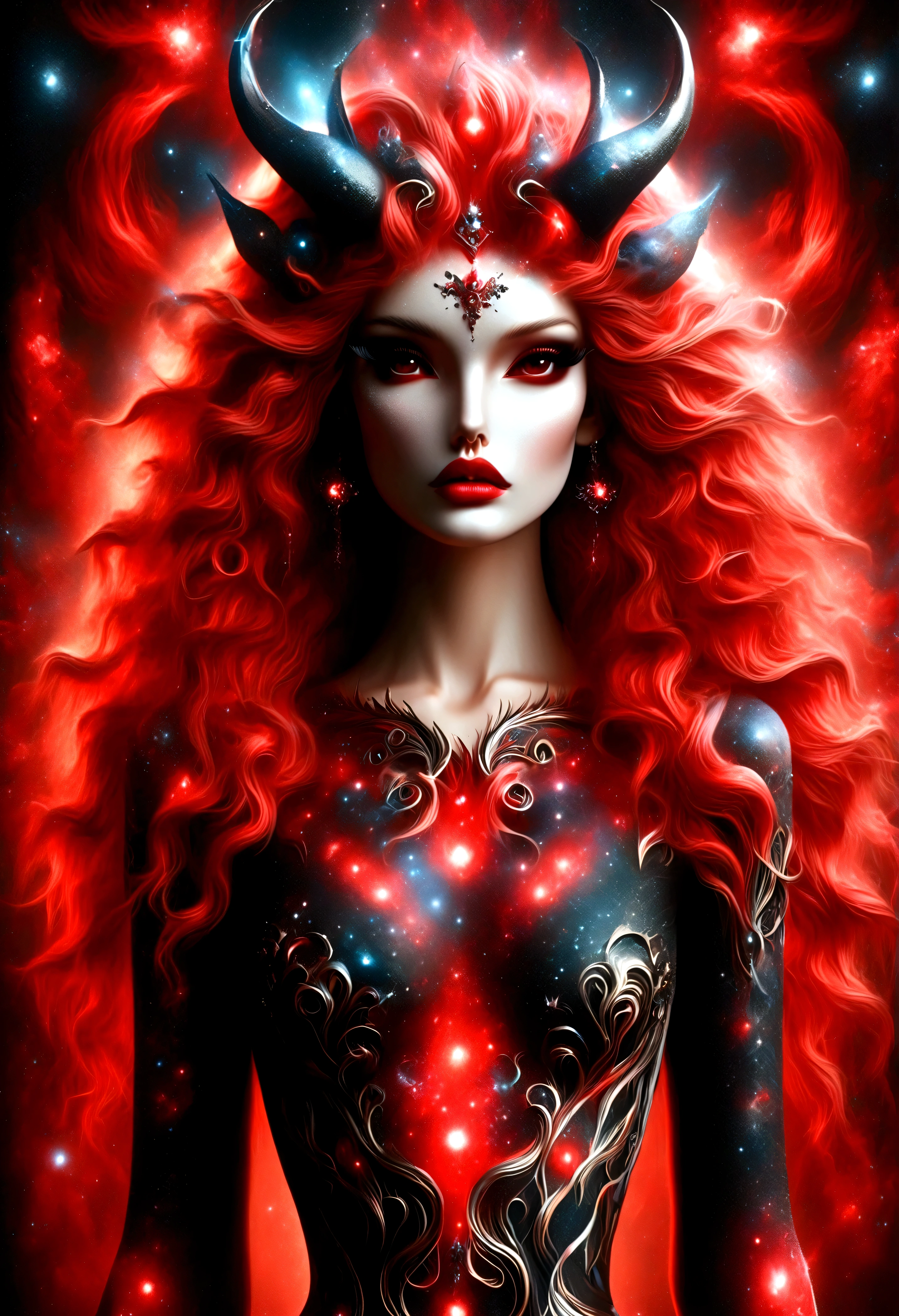 ragingnebula,high quality , dress made out of black stars, close up photo of very seductive red lips,sexy,beautiful,realistic,lifelike,studio photo,highly detailed,beautiful highly detailed eyes, dreamcore, Illustrations in the style of fantasy mythology, ultra realistic illustration, complementary colors