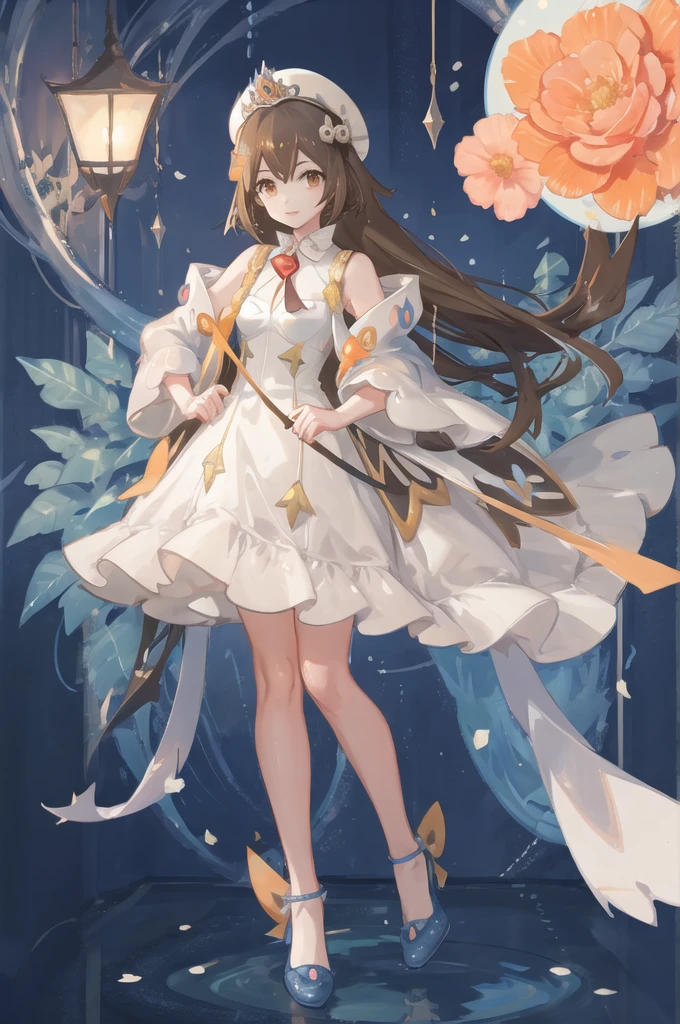 ((Break 1 Girl, , jasmine \(Pokemon\), Princess Dress, White jacket, Round orange ribbon, Brown eyes)),(Best image quality),(Master's Work), (Super detailed),(Detailed eye depiction:1.2),(Floating colorful wind:1.4),(Upper Body:1.5),(Manny colorful butterfly:1.3),(Clouds:1.4),(Lens flare:1.3),(Stern expression:1.5),(Movie Posters:1.0,(Tarot Border:1.0),The portrait is centered,(From below:1.1),(close:1.2),(looking return:1.5),(Chaotic geometric images:1.3),(Negative Space:0.8),(Drawing Board:1.3),(Giant crystal ball:1.2), (Hello:1.3),(Ethereal colorful ink flows:1.3),(return_cut out:1.3)