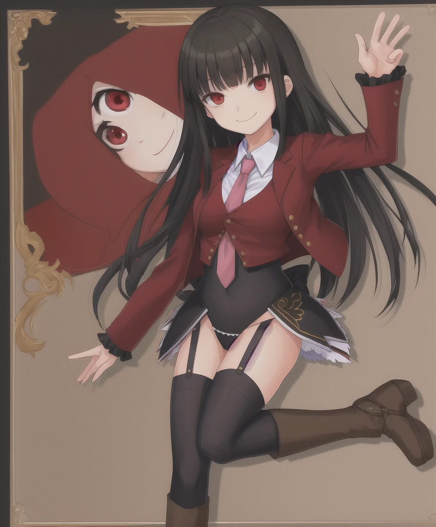 lucifer \(umineko\), red eyes, black hair, hime cut, straight hair, red jacket, cropped jacket, white shirt, undershirt, collared shirt, frilled leotard, garter straps, black thighhighs, (((umineko no naku koro ni)))   sadistic smile,deep shaded face,,smile worst,worst ridecule,evil moukery,,,two hands,five fingers,black background,A face full of evil,Too evil ridicule,two legs,