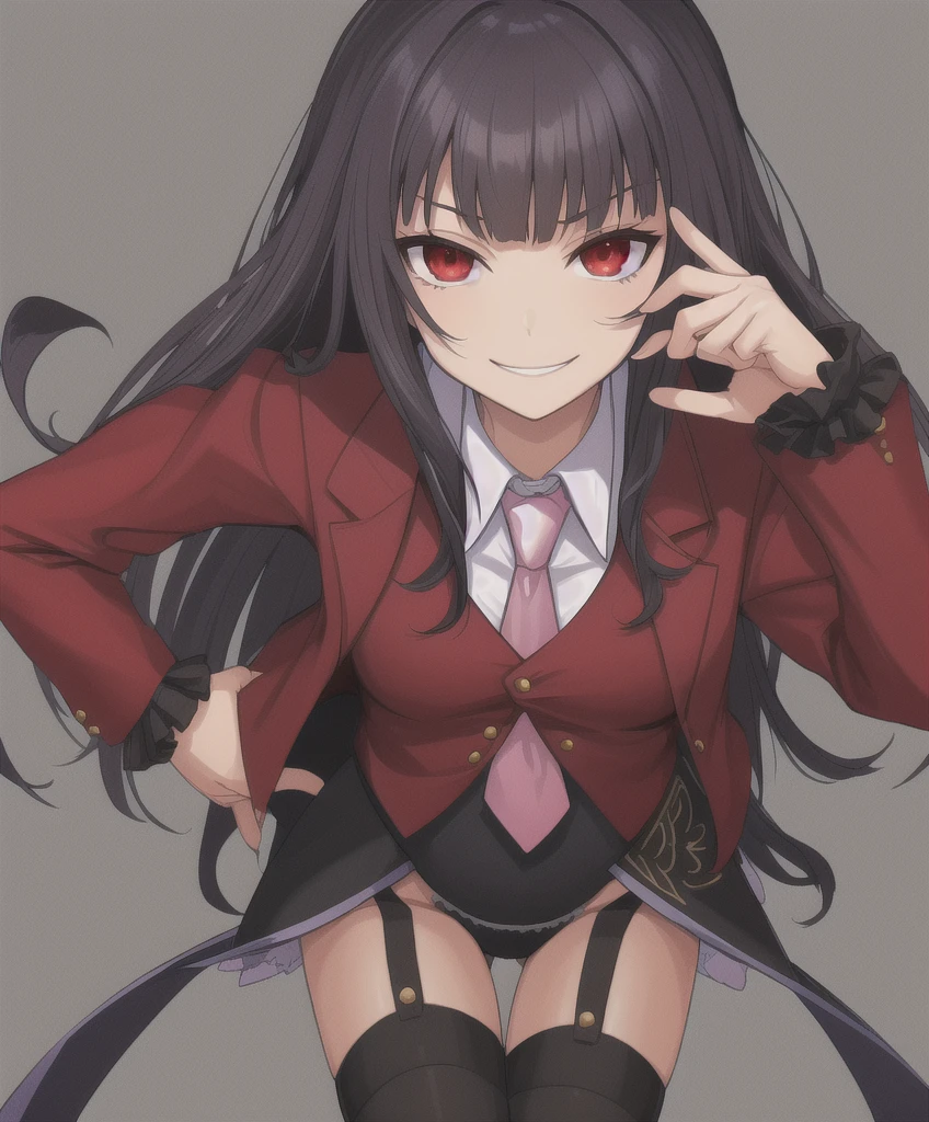lucifer \(umineko\), red eyes, black hair, hime cut, straight hair, red jacket, cropped jacket, white shirt, undershirt, collared shirt, frilled leotard, garter straps, black thighhighs, (((umineko no naku koro ni))) sadistic smile,deep shaded face,,smile worst,worst ridecule,evil moukery,,,two hands,five fingers,black background,A face full of evil,Too evil ridicule,two legs,