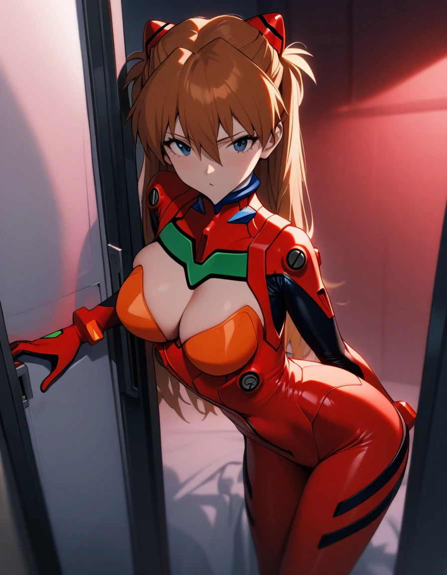 1girl, souryuu asuka langley, neon genesis evangelion, big breasts, red plugsuit,cleavage,bare navel,sleeveless:1.5,erotic,seductive,libidy,standing at a futuristic bed room. seductive posture,She is positioned with her back to a sliding automatic door. , cowboy shot,masterpiece, best quality, very aesthetic, absurdres,