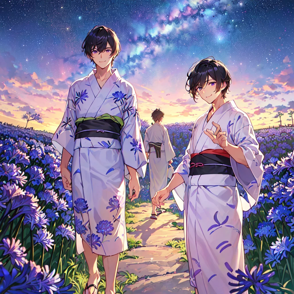 masterpiece,best quality,high quality,(2male austere handsome two adult age 30 years old:1.5), purple eyes, cool with suspended eyes, V-shaped eyebrows, body strong and fearless 8.5 head tall, height 185cm, (well-groomed black short hair to neck:1.4), (bangs 7 thirds parted: 1.4), slender nose, facial muscles, throat, (agapanthus flower print in summer yukata: 1.3), (stylish pose), (cool smile: 1.3), (agapanthus flower field in background: 1.3), (Milky Way Night Sky: 1.3)