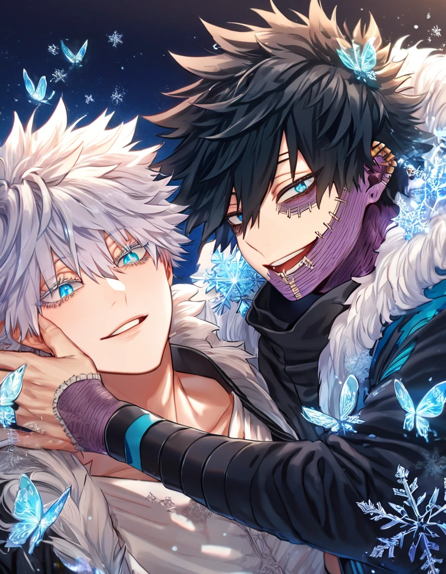 absurdres, highres, ultra detailed, HDR, master piece, best quality, extremely detailed face, delicated features, Dabi, black hair, expressive turquoise eyes, Boku No Hero Academia, Gojou Satoru with black hair, expressive blue eyes, white eyelashes, two sexy men, gay couple, yaoi, handsome, smile, blue jacket with fur, black jacket with fur, fantasy, magical, ice, ice butterflies, snowflakes, starry night, envy magical