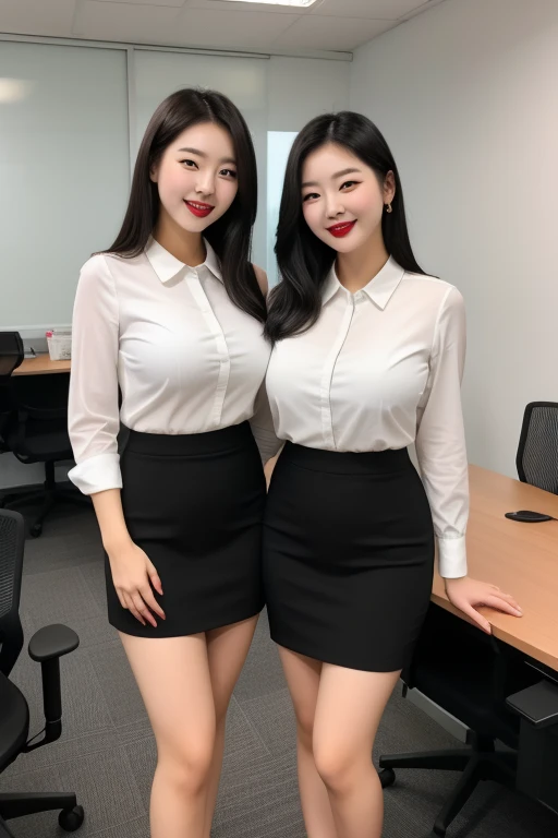 korean girls, sexy girls, strikingly beautiful, black hair, big breasts, delicate facial features, porcelain skin, red lips,expressive eyes, full body, top-quality, masterpiece, (((2 girls))), 24 years old bightly smile red lip korean girl and 23 years old smile korean girl standing in the office, big breasts, two girls wearing colorful blouse and tight pencil mini skirt, in the office, correct hands,