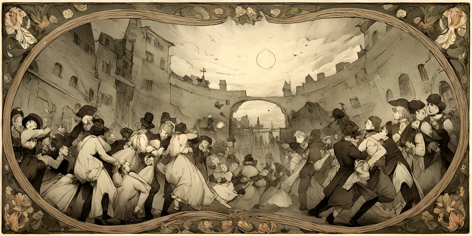 ''' Illustration of the Great Chaos and Panic in 18th Century France Create an illustration,Vividly depicts the noise of gunfire and the confusion and panic of the audience in the 18th century. Chaotic scenes showing the audience in various states of distress. Depicting a mad dash for the exits,Raising the French flag, Some people were stunned, Others helped each other escape.. Use a dynamic illustration style to convey the raw emotion and frenetic atmosphere of the time. Pay special attention to facial expressions, body language, and the overall composition to capture the intensity of the situation.French Art Nouveau style: Motion illustration art inspiration: Expressionist Art, Realistic sketch camera shooting: wide-angle camera lens: 35mm Rendering Style: Dynamic resolution: High target
