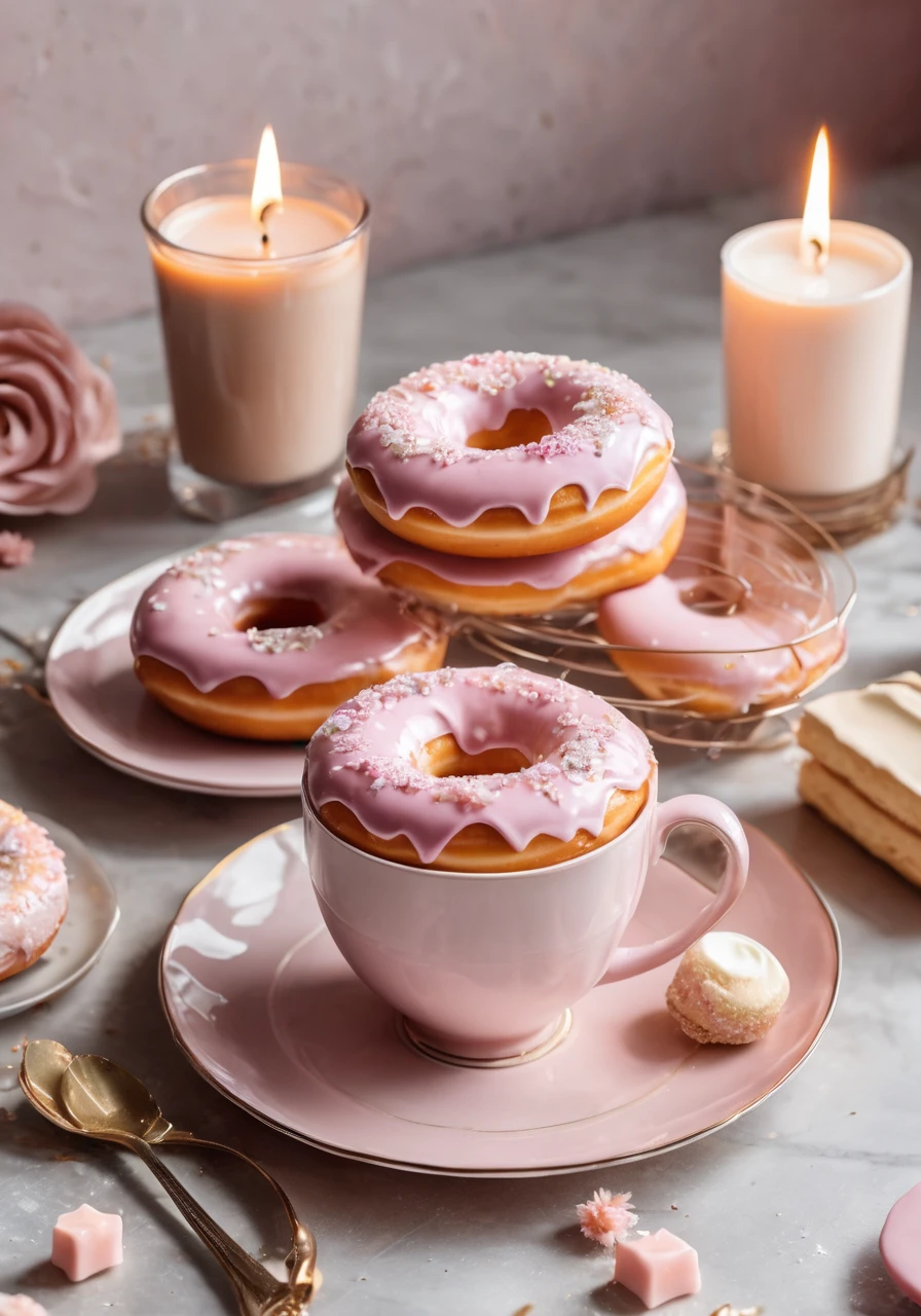 high quality,Official Art,sweets,donut,Instagram style,On the table,Fashionable Cafe,Latte Art,Candles,pale pink,Grayish pale pink,Sense of luxury,Postcard style,Shabby chic,Transparency,