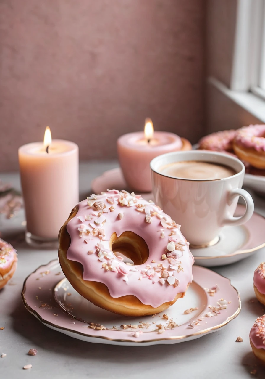 high quality,Official Art,sweets,donut,Instagram style,On the table,Fashionable Cafe,Latte Art,Candles,pale pink,Grayish pale pink,Sense of luxury,Postcard style,Shabby chic,Transparency,