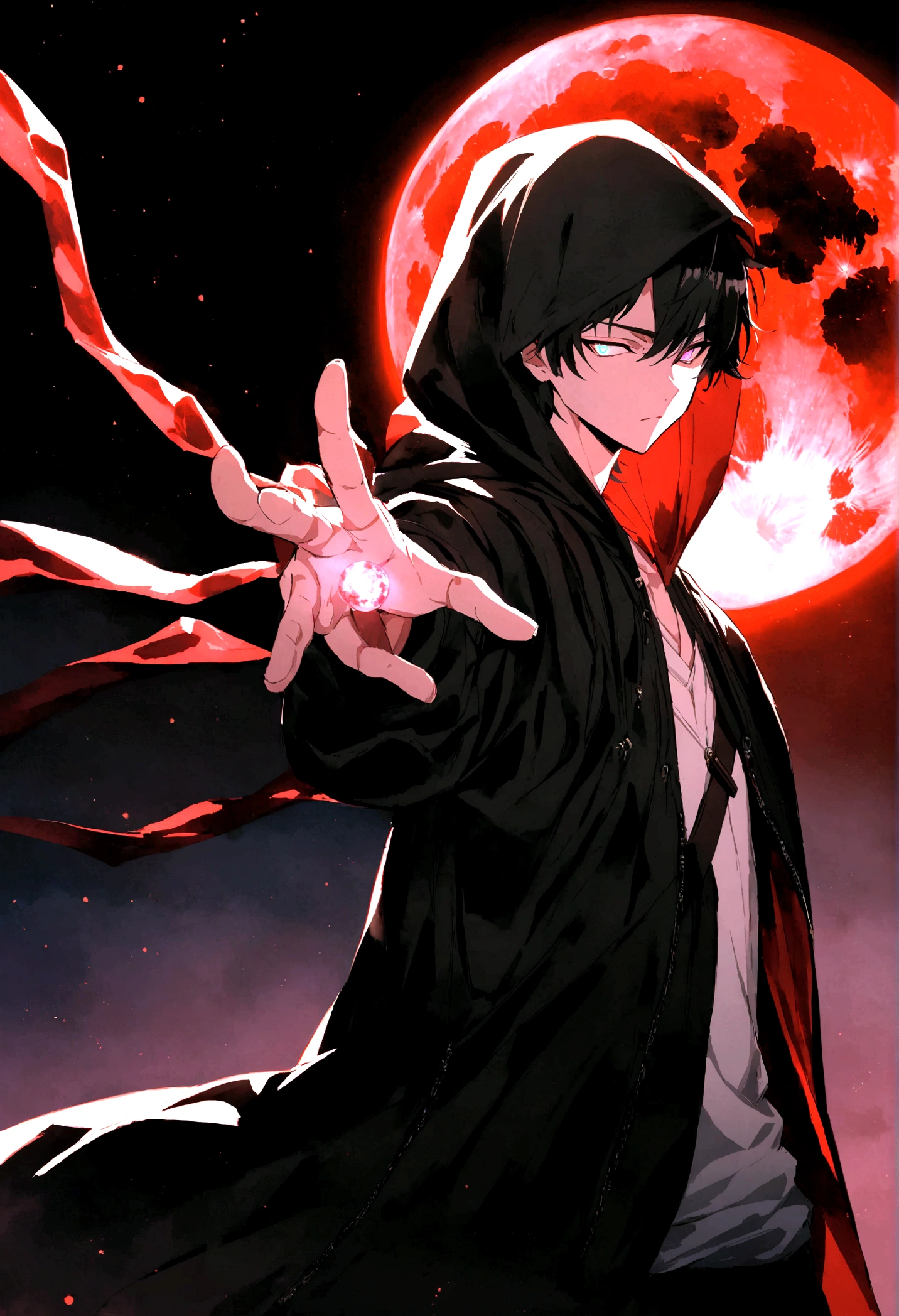 anime - style image of a man with a blood moon in the background, badass anime 8 k, beautiful male god of death, handsome anime pose, anime wallaper, handsome guy in demon slayer art, handsome japanese demon boy, with red glowing eyes, epic anime style, l vampire, he's very menacing and evil, gapmoe yandere grimdark, heterochromic eyes.