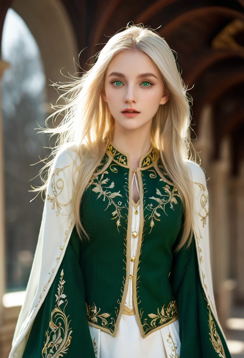 (((Masterpiece, highest quality, high definition, high detail)))), one, ((fantasy)))), (elf woman)))), (white short skirt with gold embroidery), (blonde long straight hair), (glossy dark green eyes), (green surcoat with gold embroidery), big, (((National Library of the royal capital)), (A large space with a lot of books)), sit in a chair and read a book , Particles of light flying