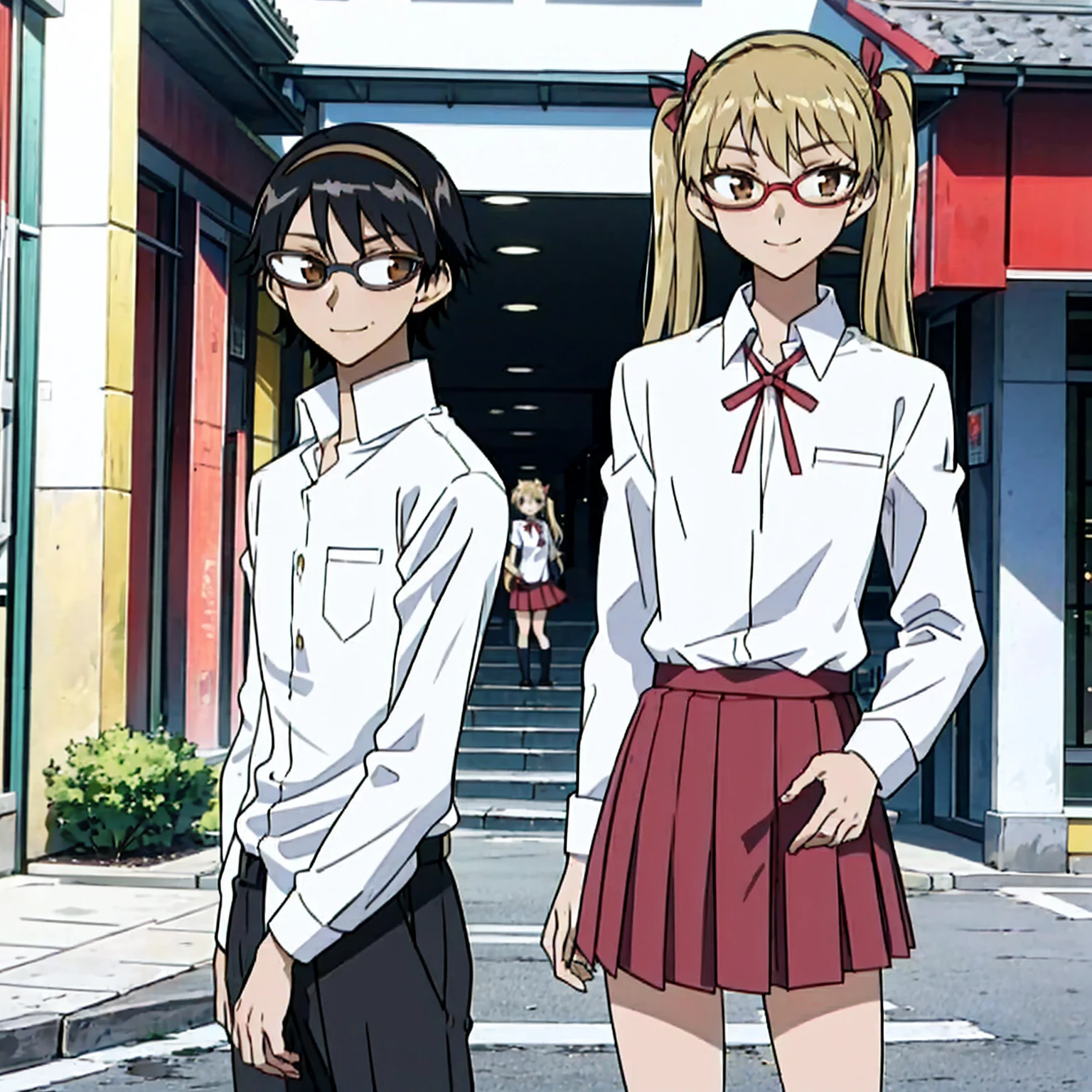 1 boy and 1 girl stand in the street,twintails,sawachika eri, brown eyes, hair ribbon,harimakenji, glasses, ,school uniform, red pleated skirt,eri,hairband, looking_at_viewer, serious, gakuran, white_shirt,smile,happy,two persons