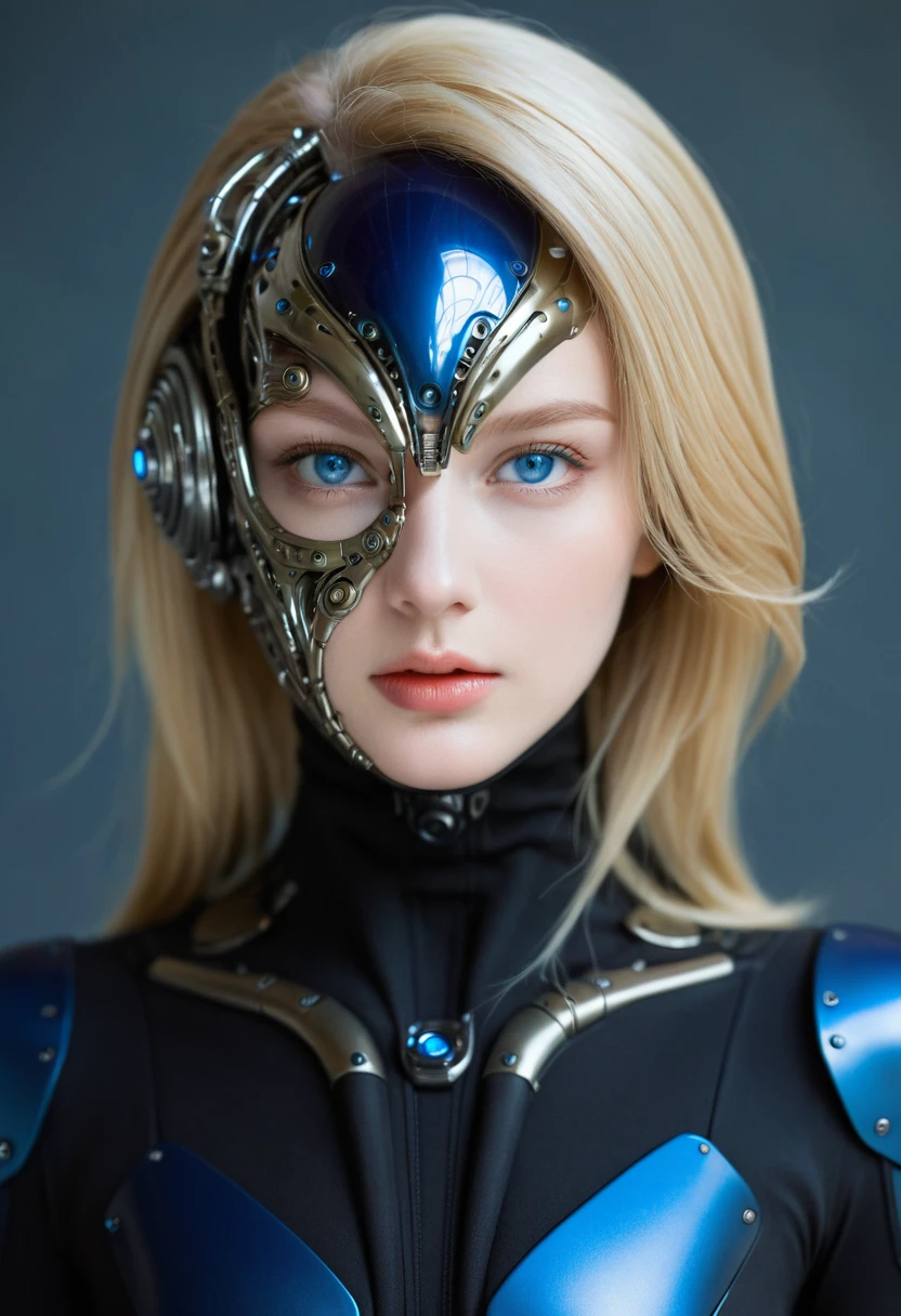 alien biomechanical in stealth suit,, blonde, blue eyes, masterpiece, appealing, looking at viewer