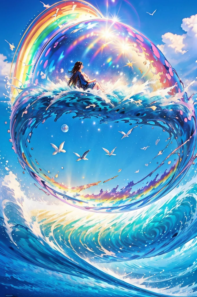 (Highest quality), (8K), (Highest quality), (live-action), (Realistic photos), summer、summerを感じる物、summerを感じる風景, Wave、blue sky, Rainbow and sunshine shining.16K, Ultra-high resolution, Shining in rainbow colors、to be born,wonderful ,future、Iridescent、The world 30 years from now。