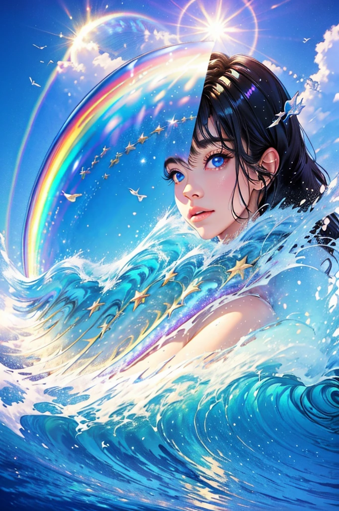 (Highest quality), (8K), (Highest quality), (live-action), (Realistic photos), summer、summerを感じる物、summerを感じる風景, Wave、blue sky, Rainbow and sunshine shining.16K, Ultra-high resolution, Shining in rainbow colors、to be born,wonderful ,future、Iridescent、The world 30 years from now。