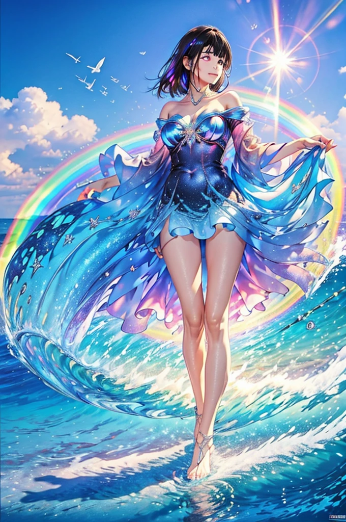 (Highest quality), (8K), (Highest quality), (live-action), (Realistic photos), summer、summerを感じる物、summerを感じる風景, Wave、blue sky, Rainbow and sunshine shining.16K, Ultra-high resolution, Shining in rainbow colors、to be born,wonderful ,future、Iridescent、The world 30 years from now。