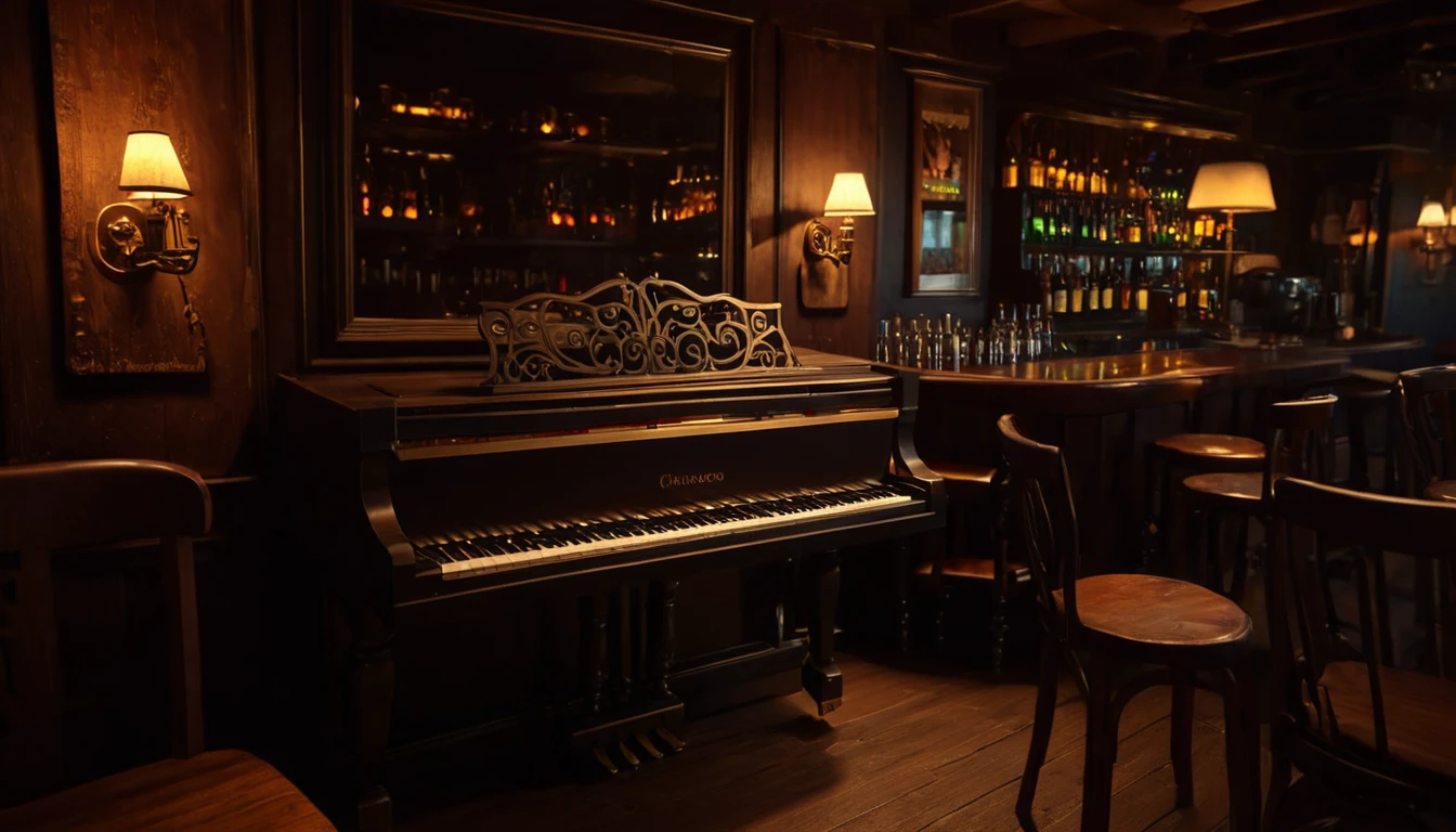 a rustic piano bar, grand piano in the corner, wooden chairs and tables, bottles and accessories on the bar, warm lighting, intricate details, realistic, photorealistic, 8k, masterpiece, dramatic lighting, chiaroscuro, moody atmosphere, cinematic composition