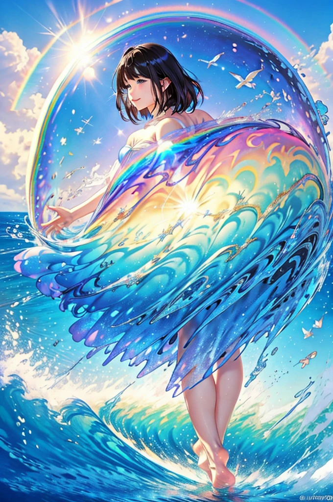 (Highest quality), (8K), (Highest quality), (live-action), (Realistic photos), summer、summerを感じる物、summerを感じる風景, Wave、blue sky, Rainbow and sunshine shining.16K, Ultra-high resolution, Shining in rainbow colors、to be born,wonderful ,future、Iridescent、The world 30 years from now。