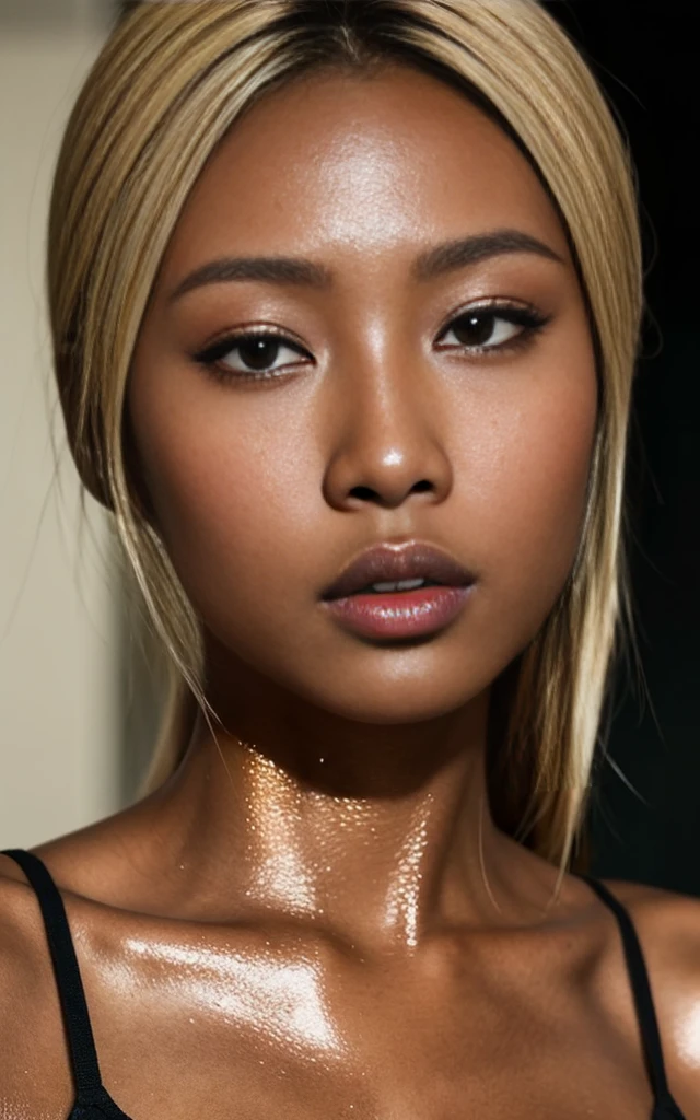 gyaru,dark-skinned, shiny oiled skin, face close up, cinematic lighting