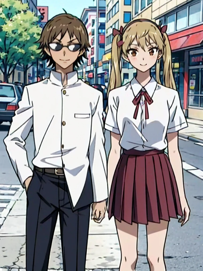 1 boy and 1 girl stand in the street,twintails,sawachika eri, brown eyes, hair ribbon,harimakenji, glasses, ,school uniform, red pleated skirt,eri,hairband, looking_at_viewer, serious, gakuran, white_shirt,smile,happy,two persons