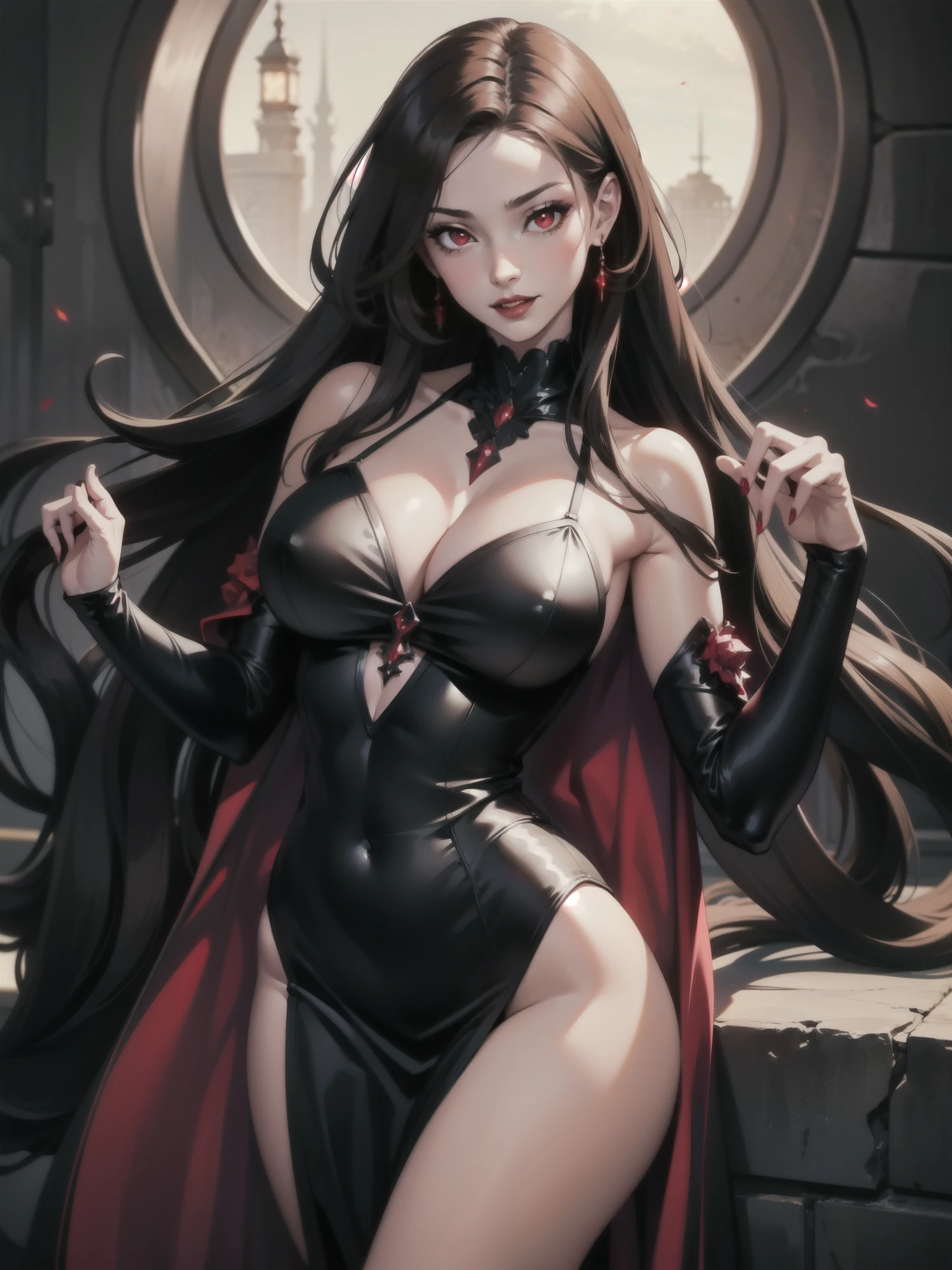 1girl, beautiful, vampire goddess, brunette very long hair, red eyes, wearing a sexy red and black dress, ultrasharp, looking at the viewer, ((best quality)), ((masterpiece)), (detailed), perfect face, big breast, sexy pose, sexy body,
