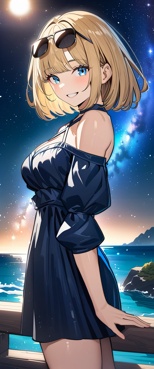 ((grin)), 風が強い, ((off-shoulder dress:1.3, criss-cross halter)), ((sundress)), ((cleavage)), ((blond hair, bob cut:1.3)), ((sunglasses, hand to sunglasses)), (((from side))), ((((upper body)))), bare legs, (()), (((a beautiful starry sky, the Milky Way shining beautifully in the night))), ((standing on the very high cliff)), wavy hair, inward curled hair, ((sea, nature)), breasts, ager, (looking at viewer), puffy long sleeves, collarbone, head tilt:1.3, (((blue eyes))), happy smile, (((anime style))), (best quality, 4K, 8K, highres, masterpiece:1.2, ultra-detailed, ultra-detailed eyes, HDR, uhd, studio lighting, ultra-fine painting, sharp focus, physically-based rendering, extreme detail description, professional, vivid colors, bokeh)