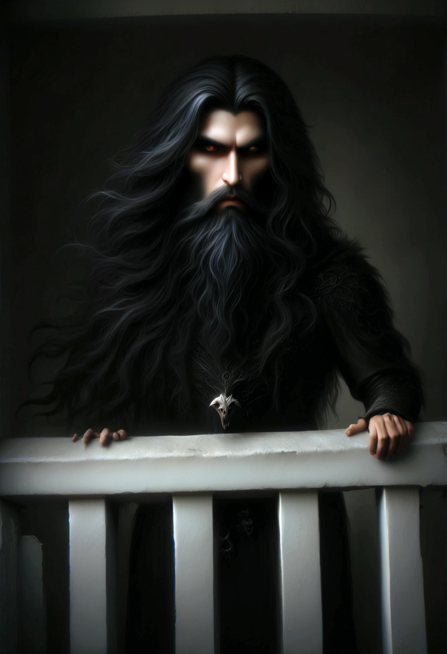 arafed man with long hair and beard standing on a balcony, chtulhu, with his long black hair, profile shot, sinister photo, photo from a promo shoot, witchcore, demonic atmosphere, grimdark vibes, album photo, promo shoot, sinister pose, with long dark hair, grim atmosphere, promo shot, eerie person, gothcore, sinister looking