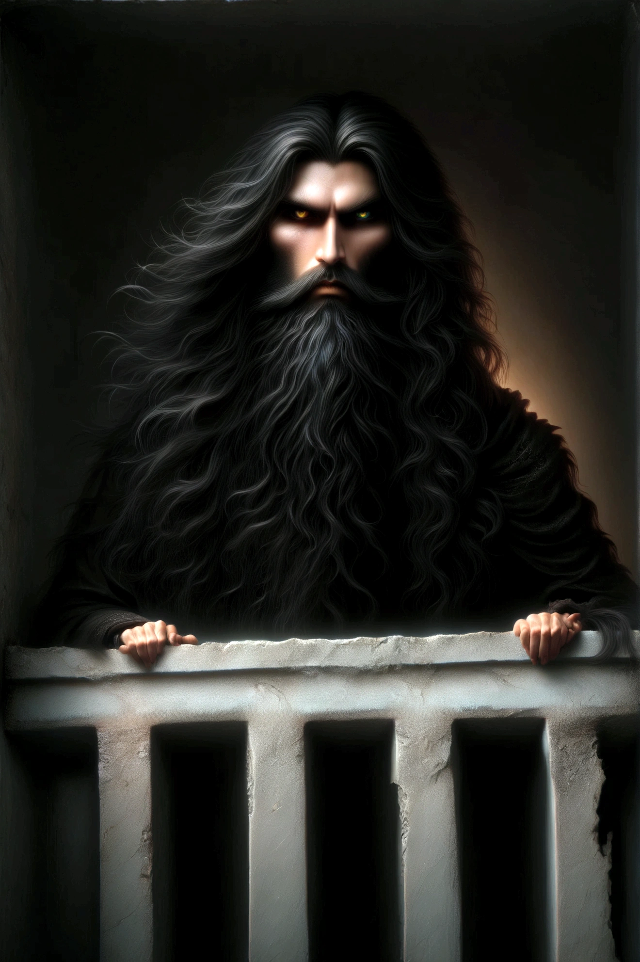 arafed man with long hair and beard standing on a balcony, chtulhu, with his long black hair, profile shot, sinister photo, photo from a promo shoot, witchcore, demonic atmosphere, grimdark vibes, album photo, promo shoot, sinister pose, with long dark hair, grim atmosphere, promo shot, eerie person, gothcore, sinister looking