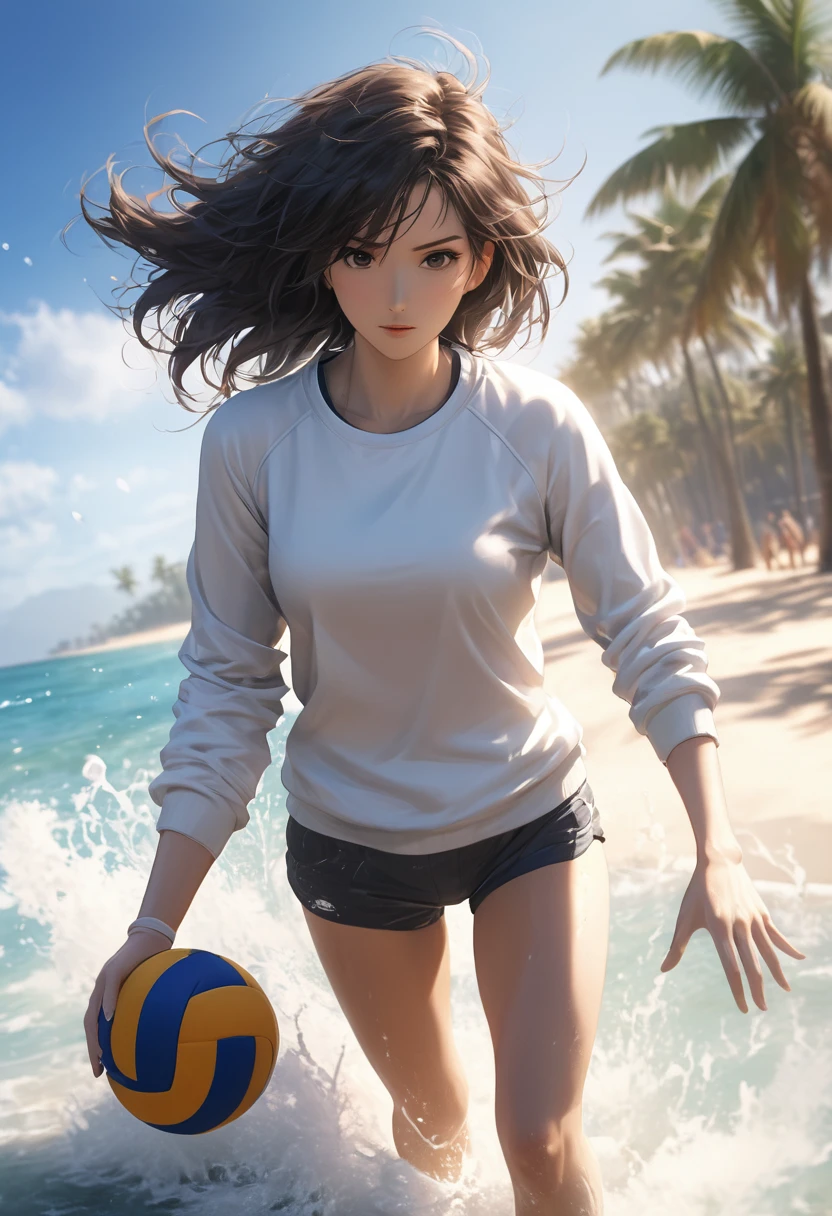 ( Correct and perfect anatomy )An attractive anime girl wearing a white sweatshirt and shorts plays volleyball while standing on the beach(sea water splash) Showing the dynamic posture of playing volleyball, light blue wavy long hair flying quickly, with a sense of speed, dynamic action posture, Distant view of beach with palm trees super detailed，complicated，Film perspective，The use of light and shadow in CG art is bright, High-quality animation style presentation