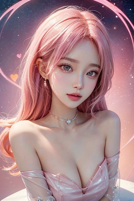 One Girl,（Captivating quality：1.4），（Highest quality authentic textured skins), Delicate face,Pink hair, Perfect body：1.1），Heart-shaped choker,Clear Eyes,Hyper HD, Tabletop，Keep dreaming,Fantasy Space，Pink Background,Off the shoulder,bright,anime,Sparkling
