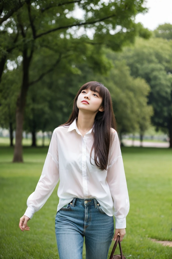 22year old beautiful girl、Highest image quality、realistic、16K、beautiful woman、long hair、With bangs、Pretty slim、heavy rain、While walking through the Park in the rain、wet from heavy rain、Full body figure、Look up at the sky、Lying on the grass in the park、heavy rain、Look up at the sky