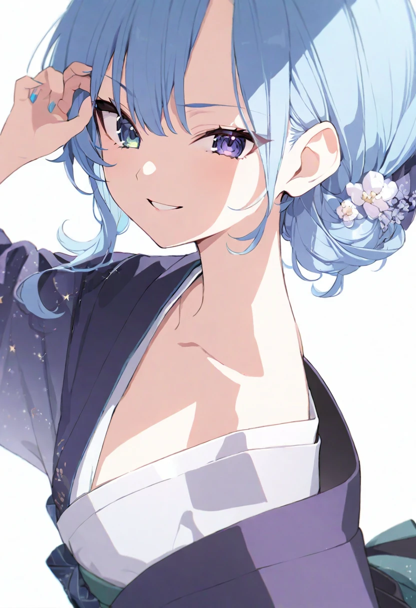 (muste piece), (best quality), very detailed eyes, expressive eyes, perfect face, very detailed face, highly detailed face, beautiful girl, 8K, beautiful girl, white background, delicate and beautiful face and eyes, dark intense shadow,
1 girl, vtuber style, cool girl, hololive, Hoshimachi Suisei, blue hair, kimono, small chest, clavicle, one eye close winking, smile, (whole body), standing, from back, looking back, sunrsing,