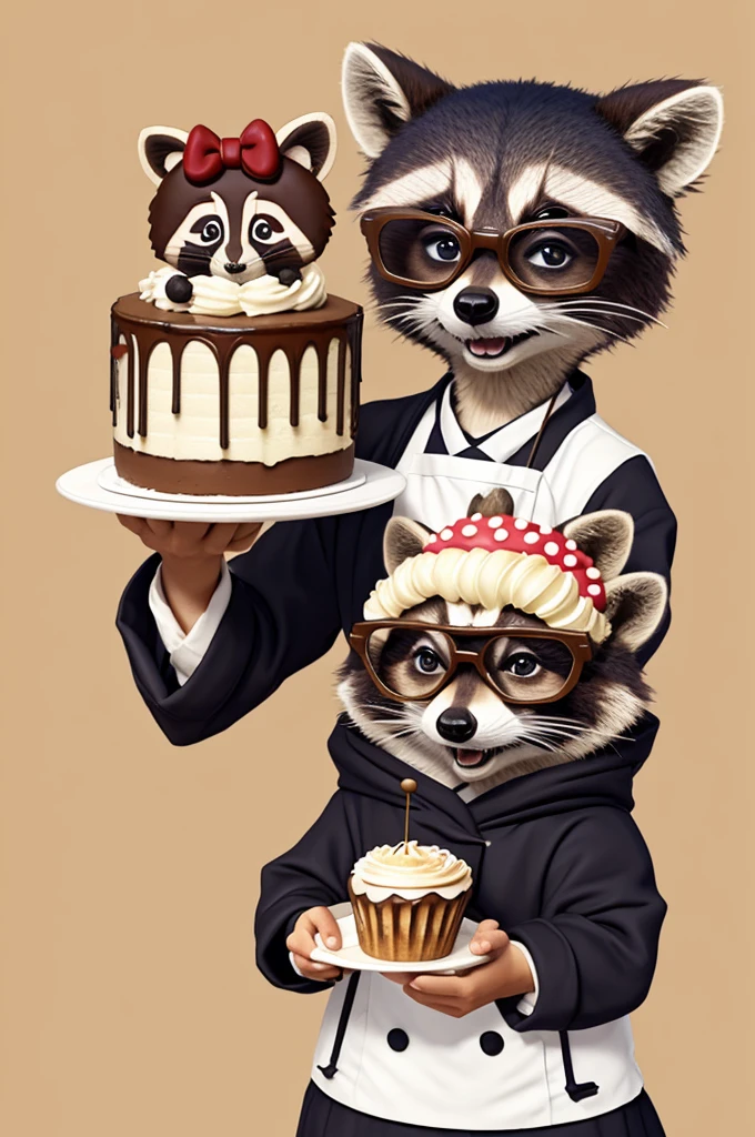 A raccoon animal wearing pastry chef glasses and clothes, holding a cake drawn in anime style but in a very adorable way