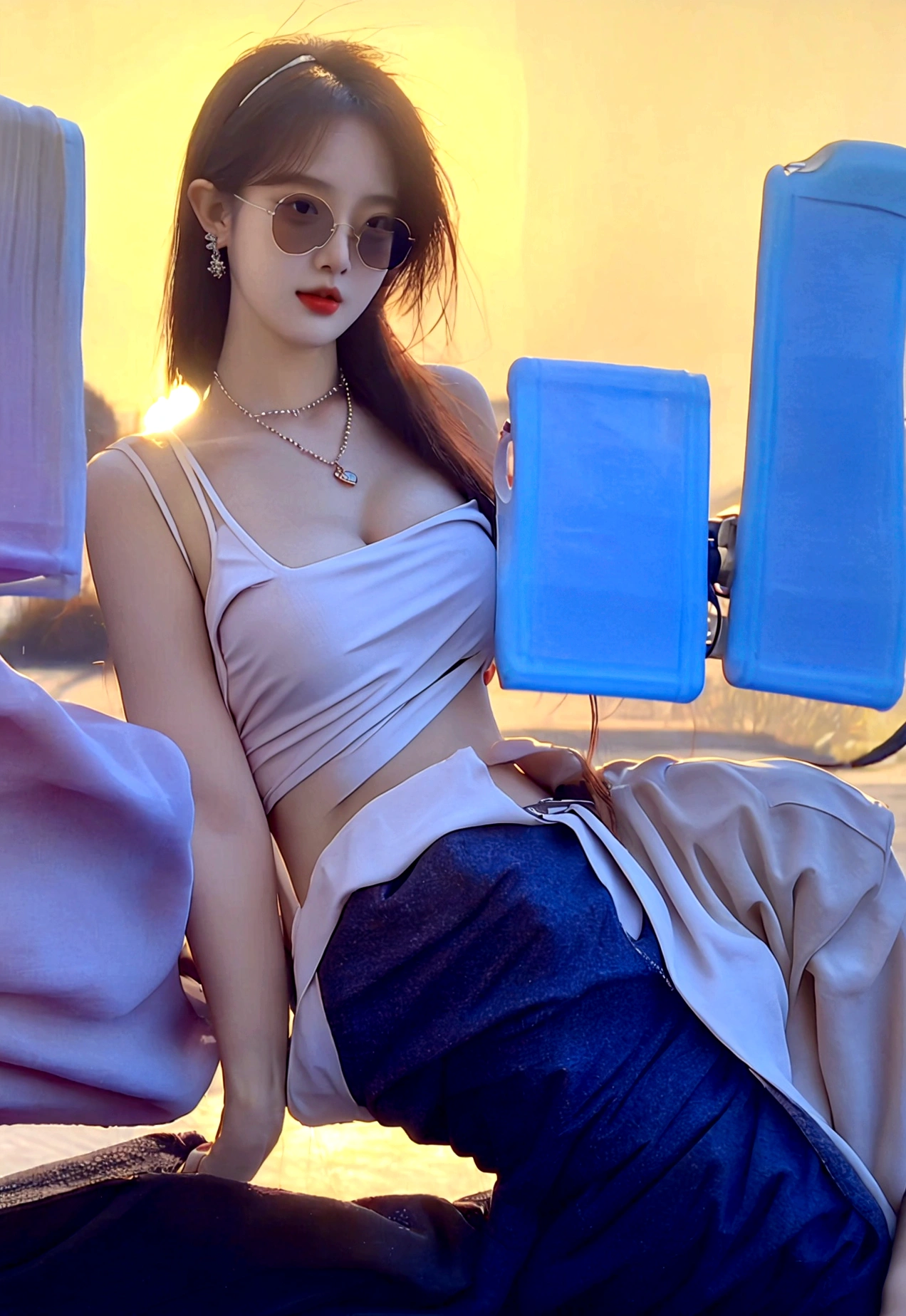 high resolution photo, sexy, sluty, lovely, desirable,provocative im nana in tight semi-transparency top with deep neckline, skater pants, jewelry, fashionable sunglasses, in the city, sunny summerday, hyperdetailed, cinematic lighting, f/16, award winning, masterpiece