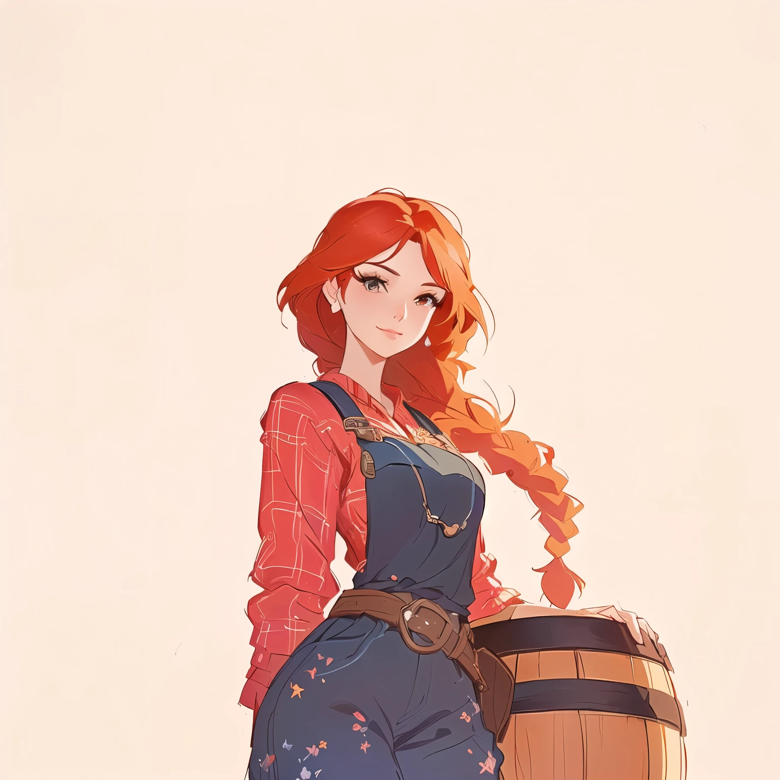 there is a woman with red hair and a hat holding a barrel, disney art style, disney artstyle, disney character style, stunning character art, artgerm and atey ghailan, great character design, disney concept art, disney character, beautiful character painting, disney art, she has long redorange hair, cute art style, abigail from stardew valley