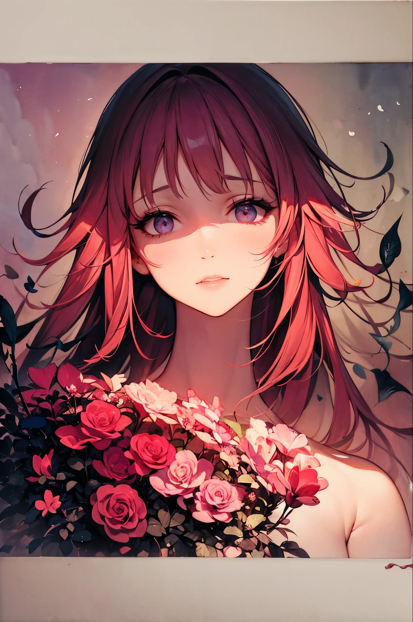 One girl,flower, Lisianthus ,Pale pinkと淡い青のスタイル, A dreamy, romantic piece, Pale pink, Mysterious Leaves, A playful arrangement,Fantasy, High Contrast, Ink strokes, explosion, Exposure, Impression of purple and red tones , Abstract, ((Watercolours by John Berkey and Jeremy Mann )) Brush strokes, Negative Space,