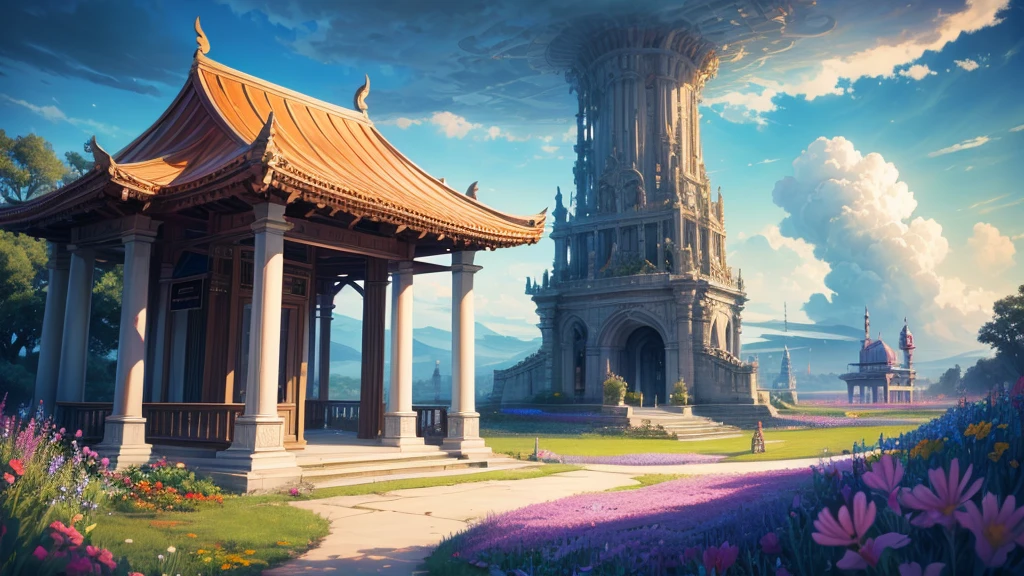 "oil, ((Mysterious Girl)), The sound of a harp echoing through the air, A pavilion surrounded by wildflowers, ((Dramatic cloud formation)), A rich palette, Fantasy World, Magical Aura"