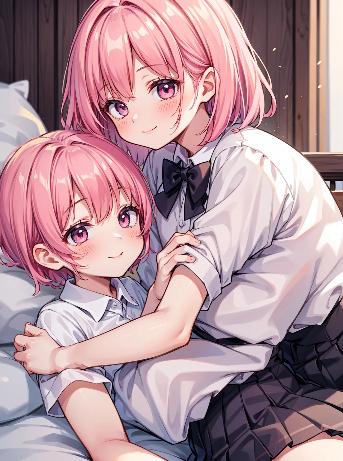 masterpiece, Highest quality, so beautiful, absurdes,High resolution,One girl, One boy,Cuddling in bed, like,sexly,Look at each one, blush,Age difference,bow tie,bionde,chest,Long Hair,Pink Hair,Tucked in shirt,short hair,skirt,smile,Tent shirt,Slut,Sister and Brother,Siblings