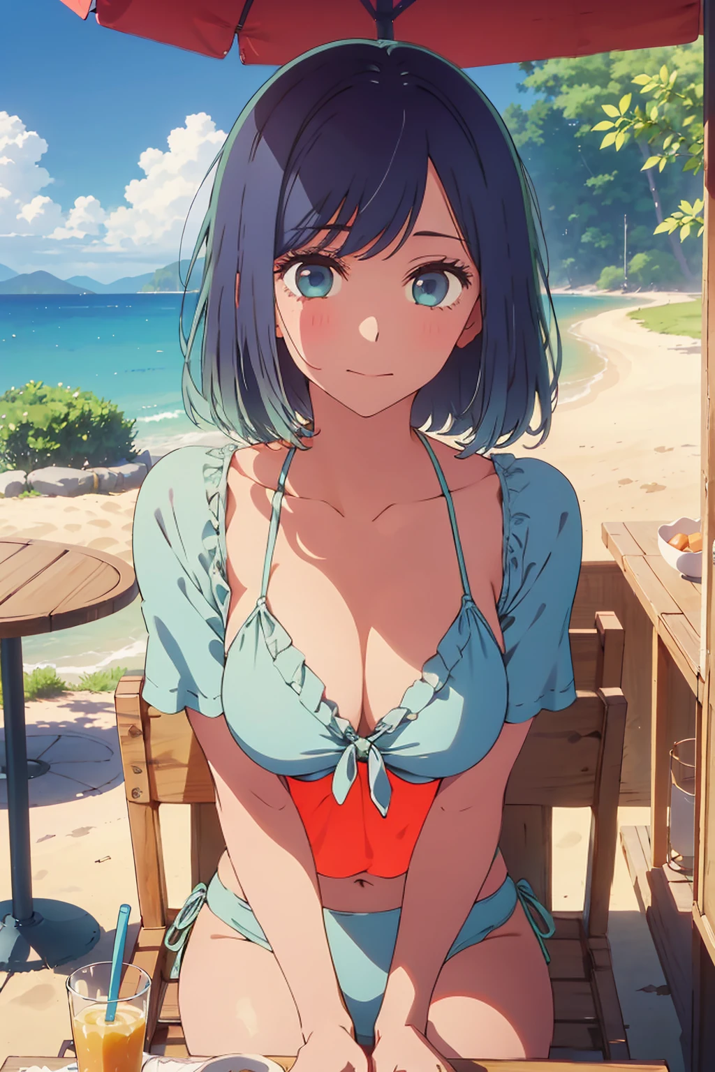 (Highest quality:1.4、masterpiece:1.4、Super detailed:1.4、8K:1.4)、((((1 person、Surprised expression、sit、Outdoor café terrace、coastal、juice、table、Sandy Beach、juiceのグラスを持つ、Plain Bikini、moonlight、Very soft boobs、Big eyes、Very cute face))))、F cup bust、Medium breast