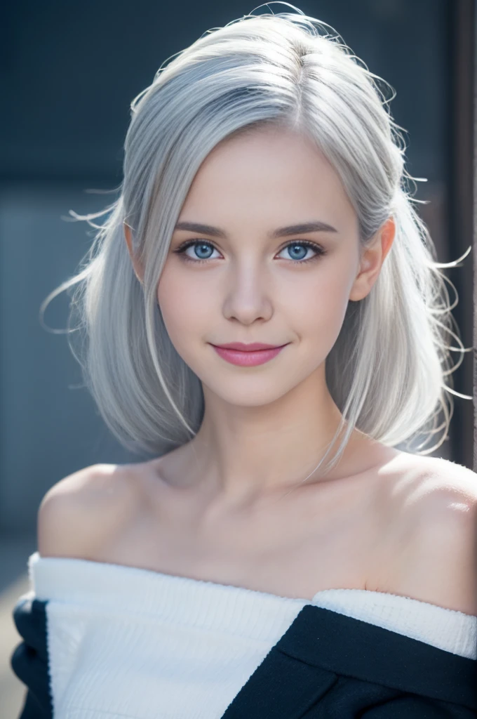 work of art, best qualityer, 8K, 18 years old, CRU photo, absurdrez, award-winning portrait, ssmile, ssmile, puros, German, White blue ((shade)) don, (Huge breasted), White hair, blue colored eyes, Off The Shoulder, open waist, ((whole body))