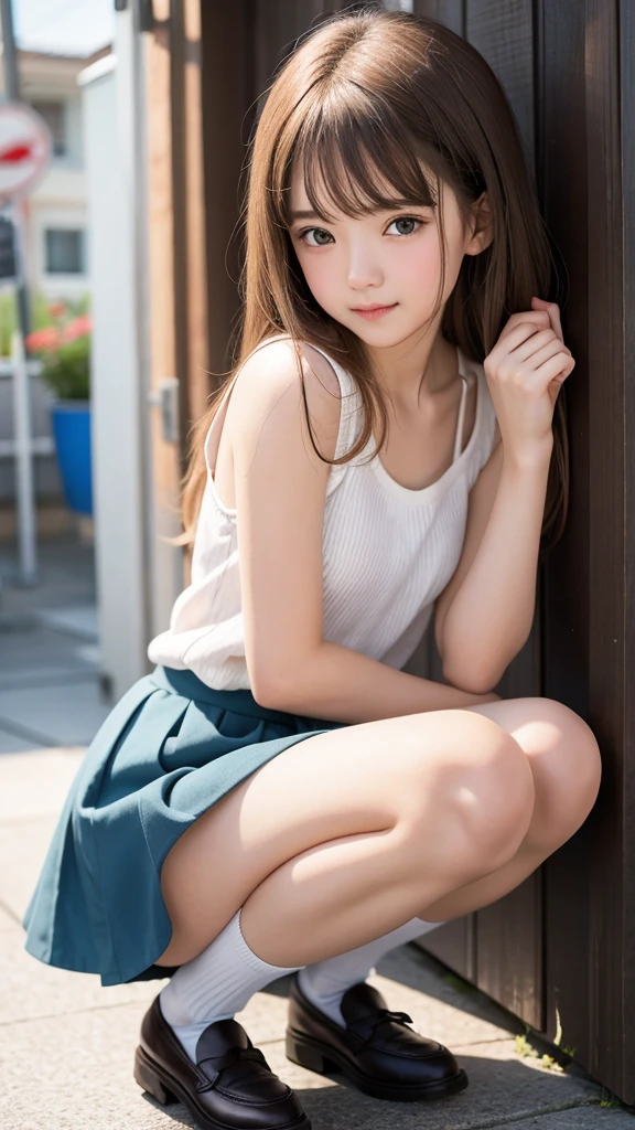 girl、High school girl naked from the waist down、High school girl uniform on the upper body, Squat、sit、Dear Viewers,、(、Urinating:1.5、Pee)、(Shy expression:1.2、blush:0.8)、((Exposed female genitalia))、alley, (Beautiful breasts, Small beautiful butt, (Detailed eyes and face:1.3, Professional photography techniques), (Highest quality, 8K, masterpiece:1.2, RAW Photos), (Detailed legs:1.2, Thin thighs), (Detailed feet:1.2, loafers), (Detailed hands:1.1, Beautiful little hands of a girl:1.3)