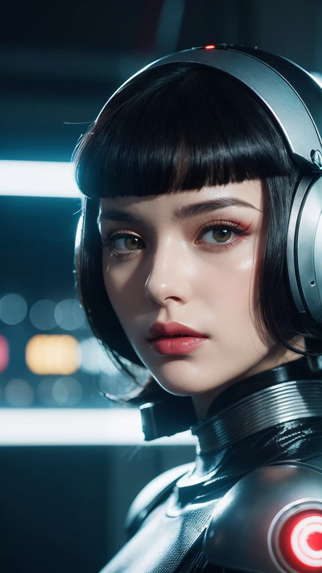 a close up of a woman wearing a futuristic helmet and red lipstick, cyberpunk jackie welles, cgsociety 9, style = retro-futurism, beautiful android woman, portrait of a female android, retro futuristic fashion, still from the movie bladerunner, female cyborg in data center, moebius aesthetic, movie still of a alien cyborg, depicted as a scifi scene
