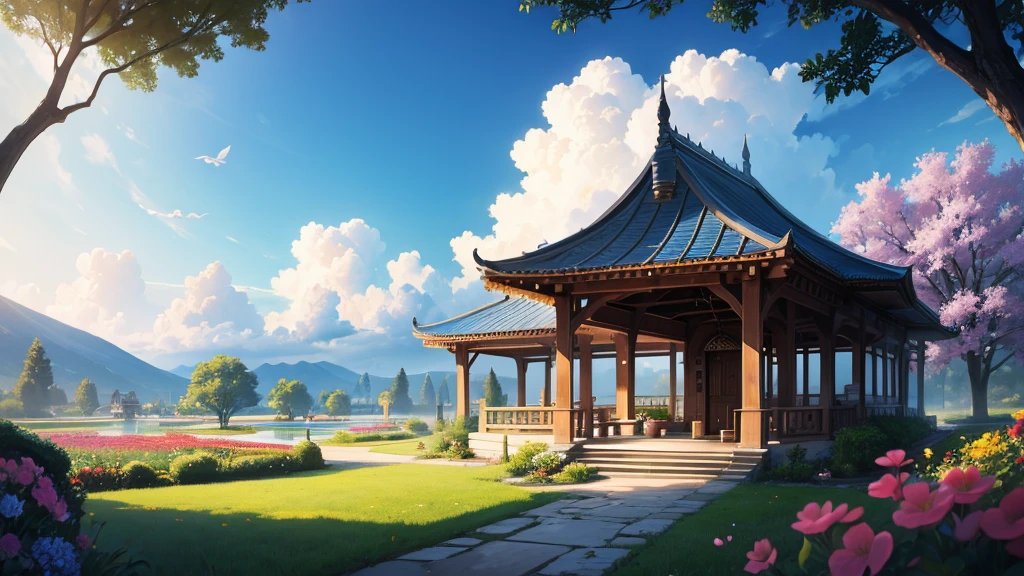 "oil, ((Mysterious Girl)), The sound of a harp echoing through the air, A pavilion surrounded by wildflowers, ((Dramatic cloud formation)), A rich palette, Fantasy World, Magical Aura"