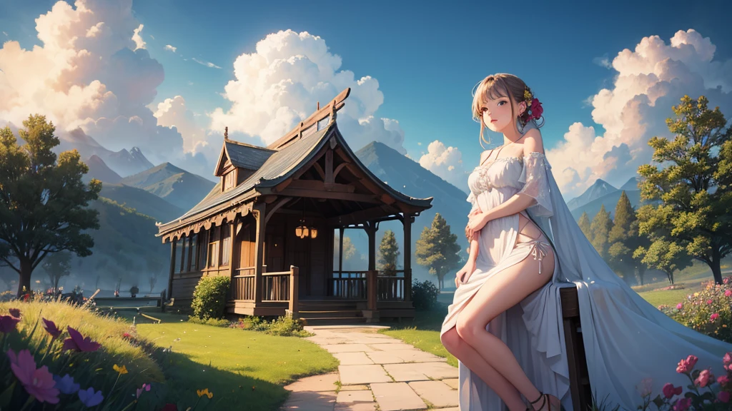 "oil, ((Mysterious Girl)), The sound of a harp echoing through the air, A pavilion surrounded by wildflowers, ((Dramatic cloud formation)), A rich palette, Fantasy World, Magical Aura"